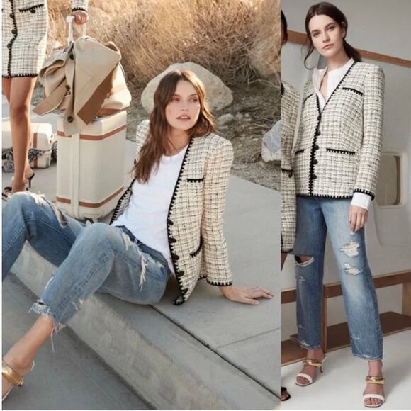 Veronica Beard Albia Cotton Blend Boucle Tweed Blazer Jacket Cream Black - Picture 4 of 13